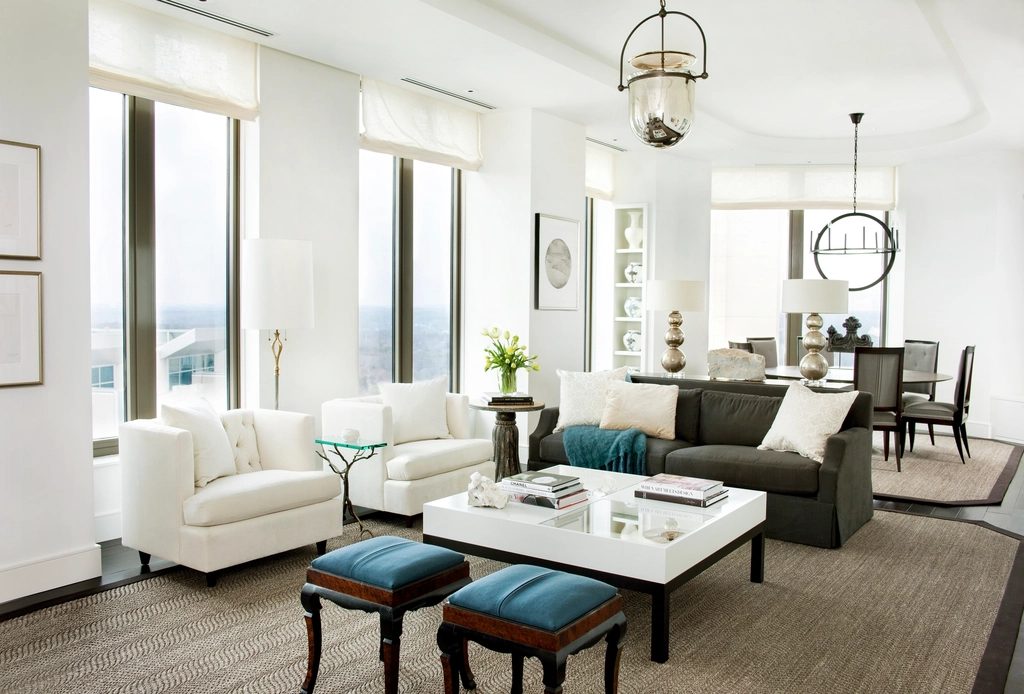 Bright open plan living room in a modern short let apartment